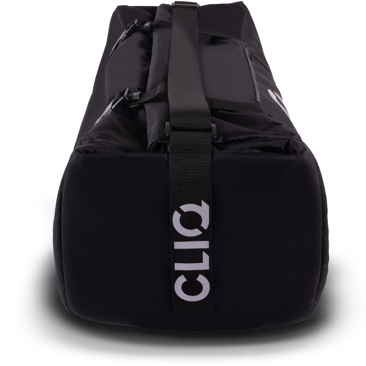 Black duffel bag with 'CLIQ' branding on a white background