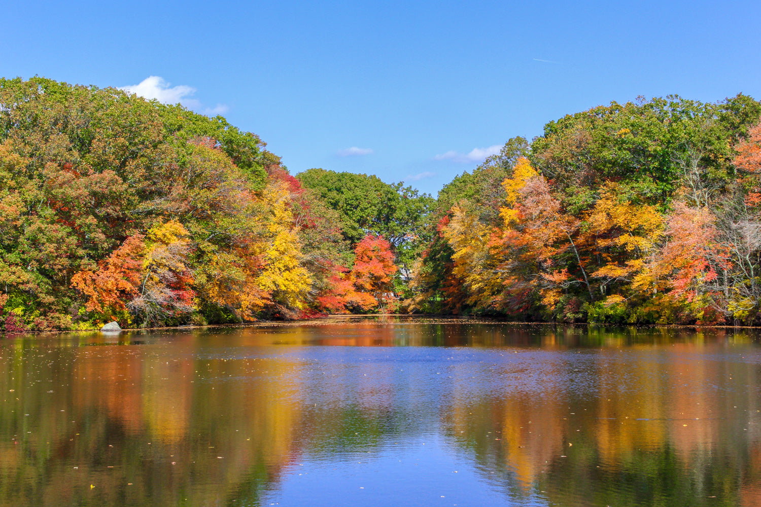 Fall foilage viewed across a lake with blue skies and a reflection in the water