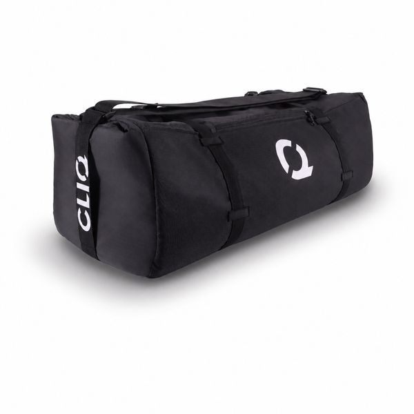 Black duffel bag with visible branding on a white background - PaQ CLIQ Lounge chair Bag