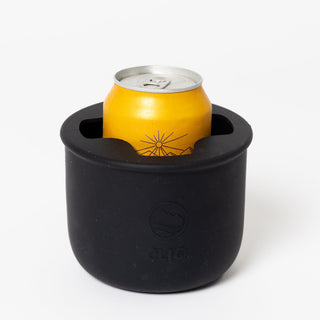 Black drink cooler with a yellow can inside on a white background