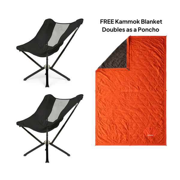 Two black MystiQ chairs with a free Kammok blanket on a white background - CLIQ