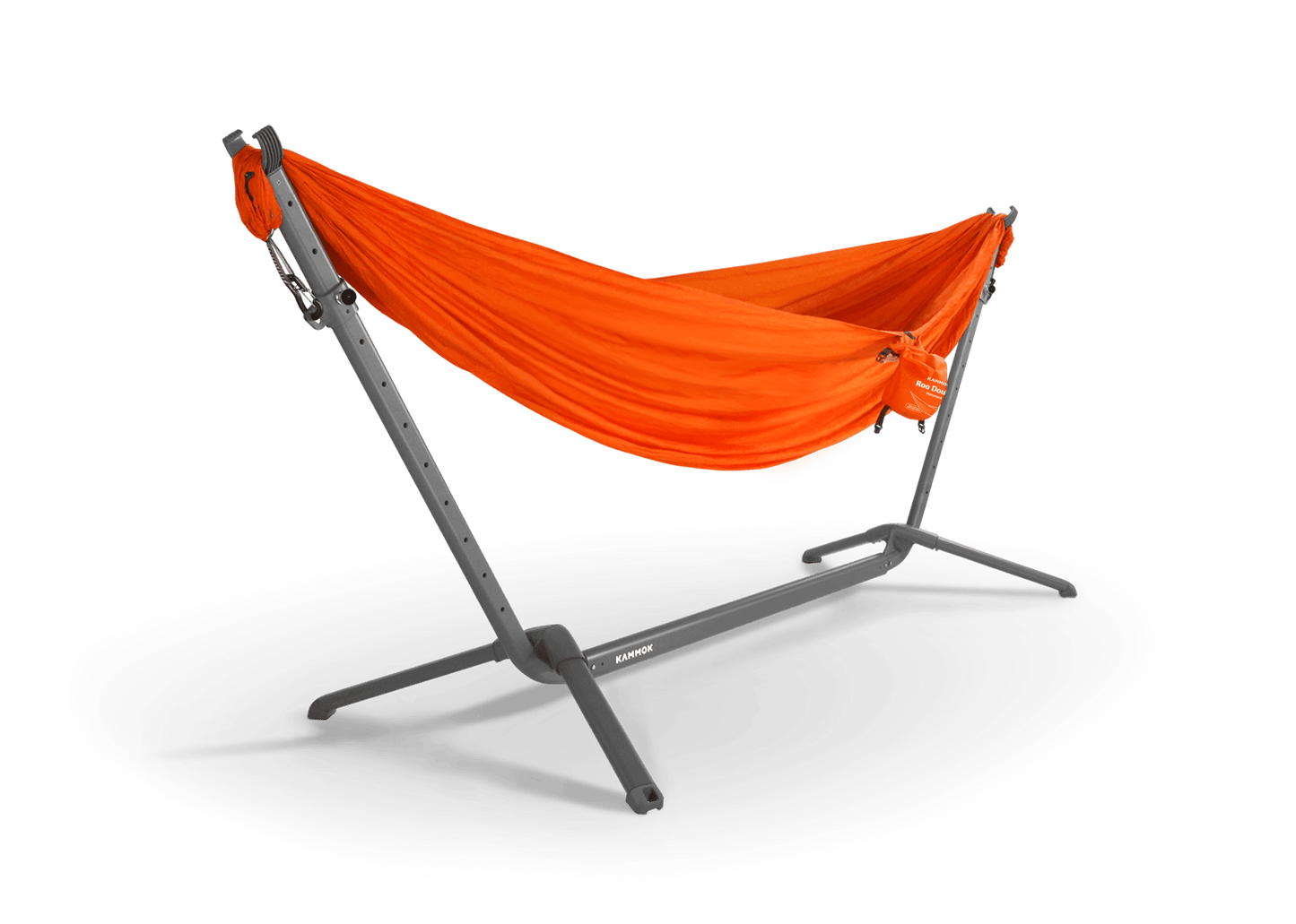 Orange hammock on a gray hammock stand against a white background