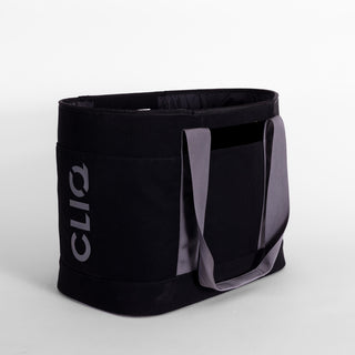 Black tote bag with gray handles and 'CLIQ' branding on a white background