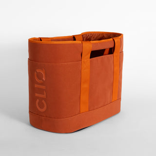 Orange bag with 'CLIO' branding on a light gray background