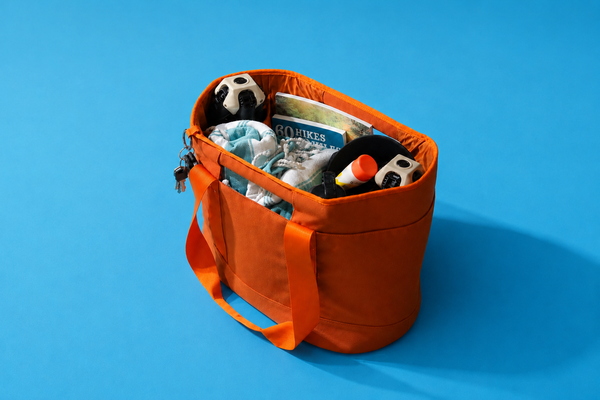 An orange canvas organizer ToQ tote bag filled with various items, including a soccer ball, CLIQ ClassiQ Chairs, and a magazine, set against a solid blue background.