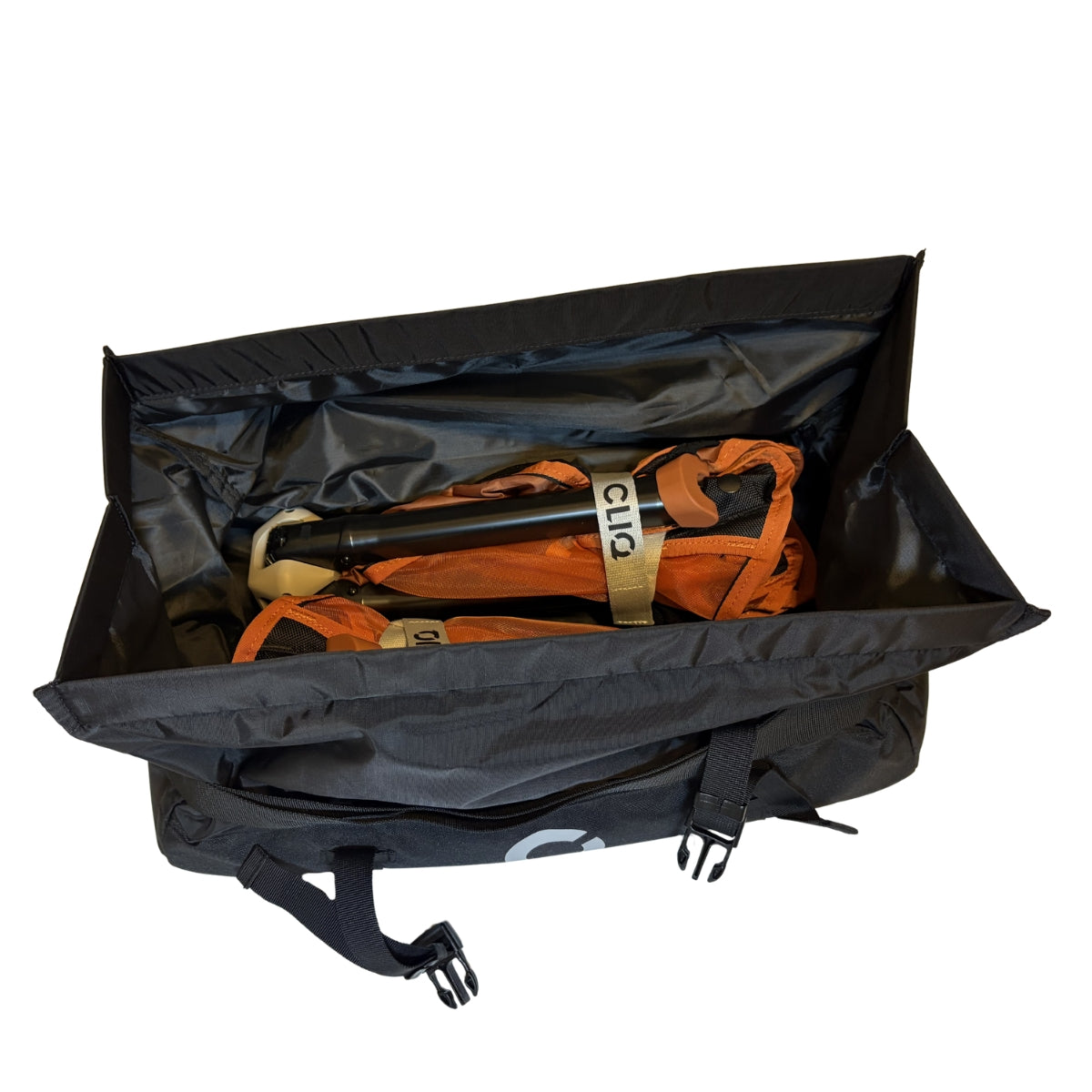 Black bag with ClassiQ Chairs inside on a white background