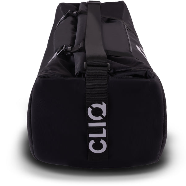 Black duffel bag with 'CLIQ' branding on a white background