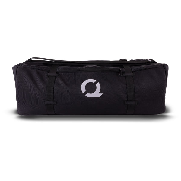 Black duffel bag with a CLIQ logo on a white background
